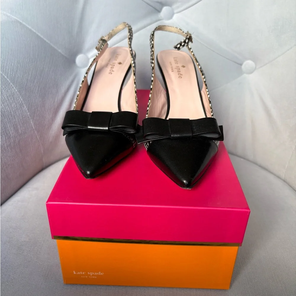 kate spade Black and White Polka Dot Bow Slingback Heels - Picture 3 of 10